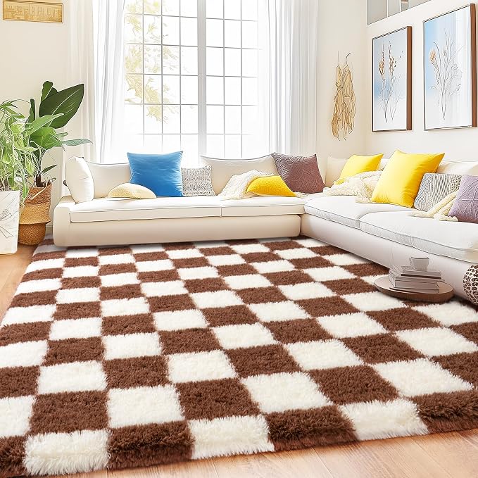 Checkered Rugs for Bedroom, Ultra Fluffy Fuzzy Shag Area Rug for Living Room 5x7, Modern Plush Soft Upgrade Non-Slip Carpet for Kid Girls and Boys Room Dorm Nursery Home Decor, Cream and Coffee