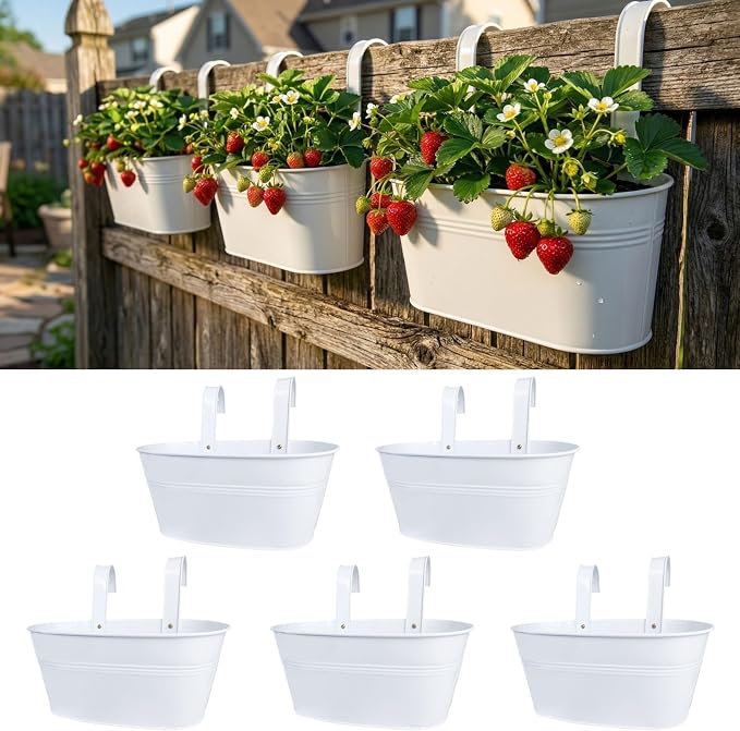 LaLaGreen Rail Planter Outdoor Plants (11.8 Inch, 5 Pack) White Metal Iron Hanging Flower Pots Deck Railings Fence Buckets Modern Countryside Boho Style Wall Mount Window Box Holder Hooks Porch Decor