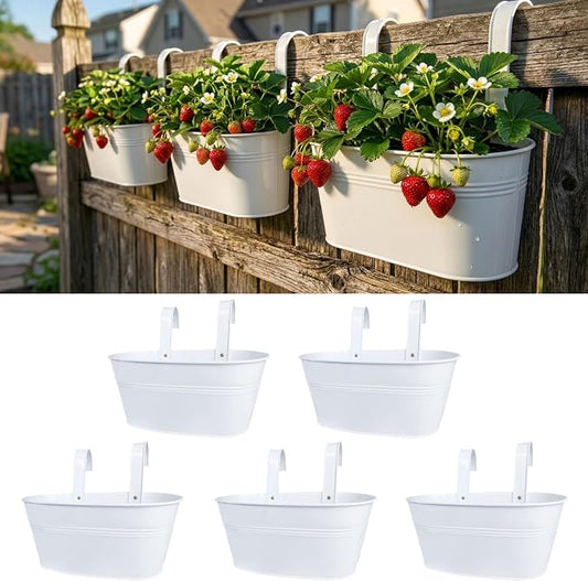 LaLaGreen Rail Planter Outdoor Plants (11.8 Inch, 5 Pack) White Metal Iron Hanging Flower Pots Deck Railings Fence Buckets Modern Countryside Boho Style Wall Mount Window Box Holder Hooks Porch Decor