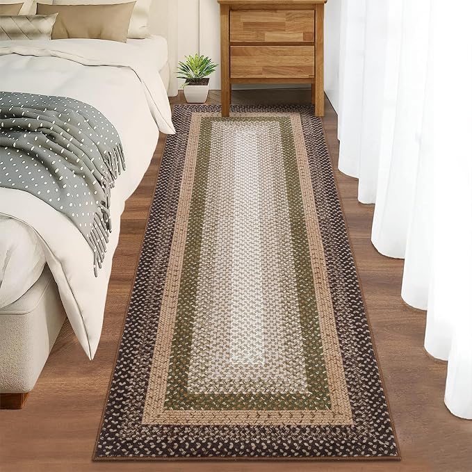 RUGSREAL Hallway Runner Rug 2x6 Braided Machine Washable Kitchen Rugs | Low Pile Farmhouse Runner Non Slip Stain Resistant Rustic Runners Modern Printed Carpet for Living Room Bedroom, Moss/Brown