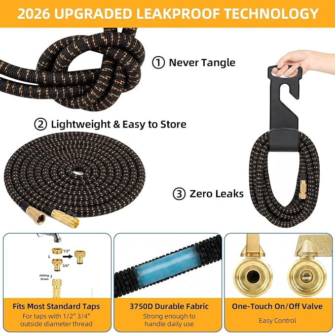 50 ft Expandable Garden Hose, Lightweight Expanding Water Hose with 10 Function Nozzle, 3/4" Solid Brass Fittings, 5-Layer Latex Core, No-Kink Flexible Retractable Hose for Patio, RV, Car Washing