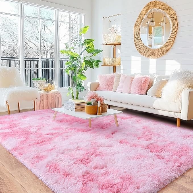Rugs for Living Room, Ultra Fluffy Fuzzy Shag 6x9 Area Rug for Bedroom, Modern Plush Soft High Pile Upgrade Non-Slip Carpet for Kids Girls and Boys, Dorms, Home Decor, Tie-Dyed Pink