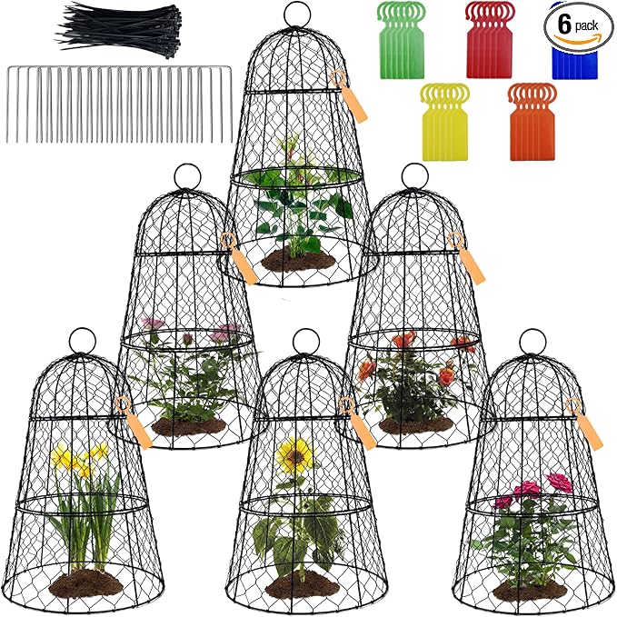 6 Pack 11.4" D x 17.7" H Garden Cloches for Plants,Rustproof Chicken Wire Cloches Flip-Top Design,Upgraded Triple Combination,Plant Protectors from Animals,Ideal for Outdoor Plant Protection