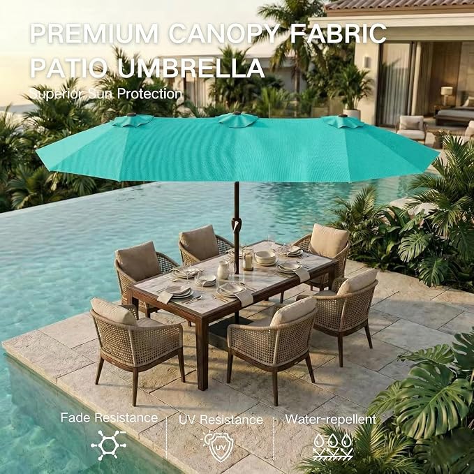 Kingdura 13ft Large Patio Umbrella with Base Included, Double-Sided Rectangle Outdoor Table Umbrella with 12 Reinforced Ribs, Crank Lift for Market Pool Deck Backyard, Tiffany blue