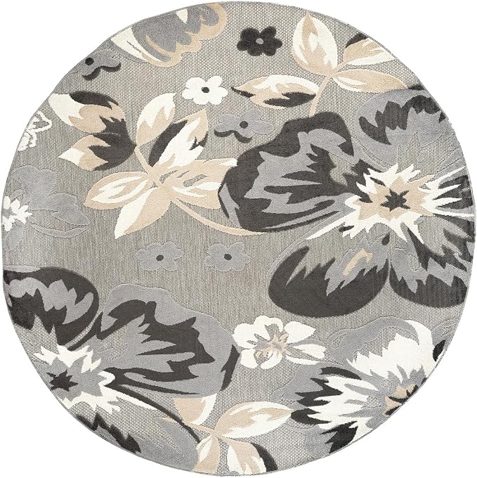 Rugshop Bergamo Contemporary Floral Non-Shedding Easy Cleaning Patio Deck Backyard Indoor/Outdoor Area Rug 8' Round Gray