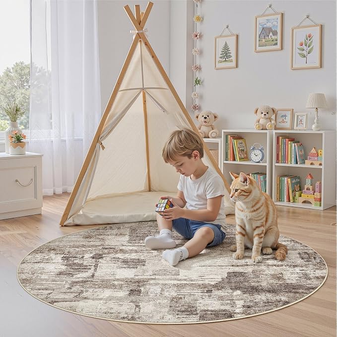 kakania Abstract 5x5 Round Rugs for Living Room: Circle Rugs 5FT Brown | Washable, Soft, Non-Slip, Low-Pile, Pet & Kid Friendly - Modern Home Decor Carpet for Bedroom/Dining Room/Nursery