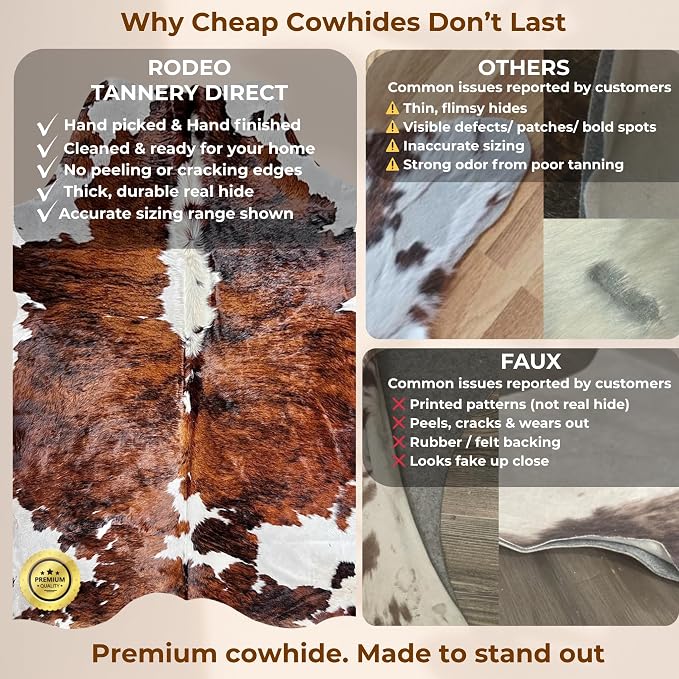 Genuine Tricolor Cowhide Rug Large 8x10 Area Fit (Rug Approx 6x7 ft)– Vibrant One-of-a-Kind Hide, Eco-Friendly, Safe for Kids & Pets, Easy to Clean Perfect for Living Rooms Western Rustic Home Décor