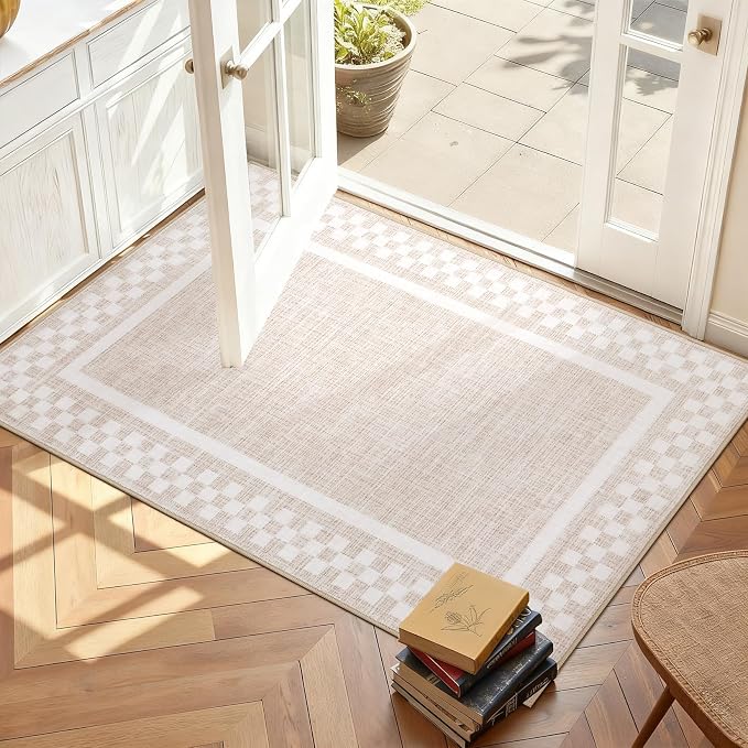 GarveeHome Small Area Rug 2x3 Washable Scalloped Non Slip Kitchen Rugs | Modern Checkered Solid Color Bedroom Doormat Stain Resistant Bordered Throw Carpet for Living Room Nursery Laundry, Beige