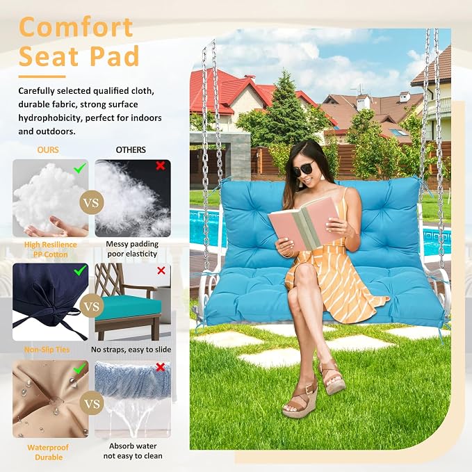Swing Replacement Cushions for Outdoor: 2-3 Seater Waterproof Porch Bench Cushion with Backrest and Ties - 4" Thick Swing Cushion for Garden Patio Backyard Loveseat