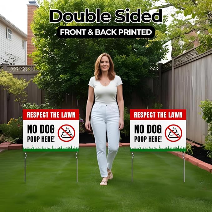 Respect the Lawn – No Dog Poop Here! Yard Sign by DC | 24"x18" Double Sided Pets Garden Sign with 13” Metal Stakes | Outdoor Signs Waterproof for Lawn, Patio, Sidewalk & House | Set of 3 | Made in USA