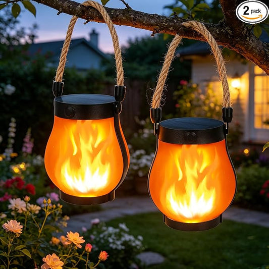 Upgraded 2 Pack Solar Lanterns, Solar Lights Outdoor, Solar Flame Lanterns, 2 Lighting Modes & Dual Charging Way USB & Solar Powered, Solar Lanterns Outdoor Waterproof for Patio Yard Porch Lawn Decor