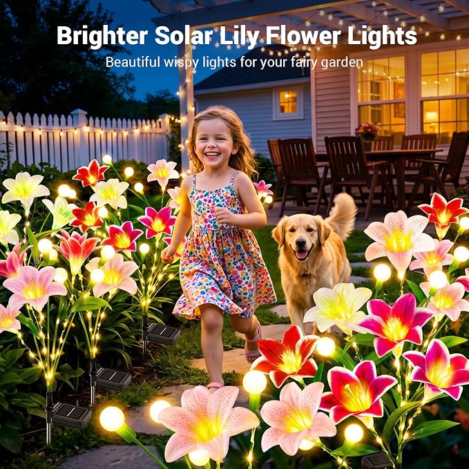 Upgraded Solar Garden Lights Outdoor: 4 Pack 2-in-1 Solar Lily Flower Lights with Swaying Firefly Lights & Glowing Stems, Brighter Waterproof Solar Garden Decor for Yard Patio, Unique Gifts