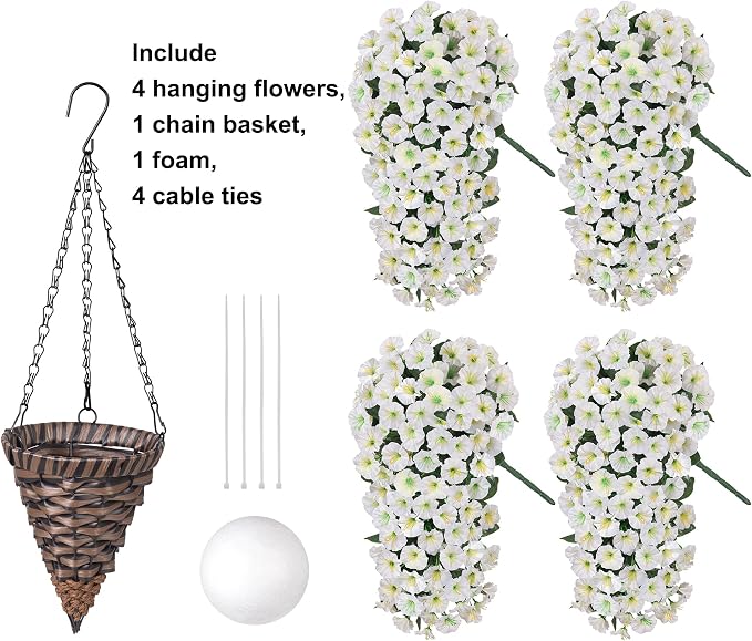 Artificial Fake Flowers Plants Hanging Baskets for Outdoor Outside Decor, Faux Silk Hanging White Morning Glory Trailing Vines UV Resistant for Porch Patio Home Decoration