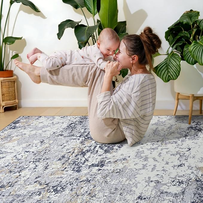 Toneed Washable 5x7 Area Rug with Non-Slip Backing for Living Room | Abstract Modern Rugs, Soft Low Pile Carpet for Bedroom Kitchen Dining Room Nursery Indoor Floor Home Decor, Blue White Gold