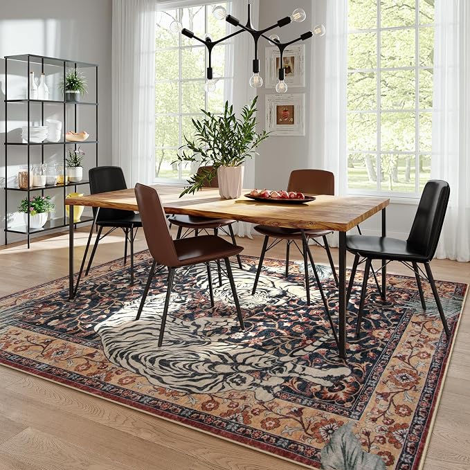Moynesa Tiger Washable Area Rug, Boho 6x9 Rug for Living Room, Vintage Large Soft Bedroom Rug, Non Slip Ultra Thin Stain Resistant Floor Carpet for Dining Room Home Office, Puce Red