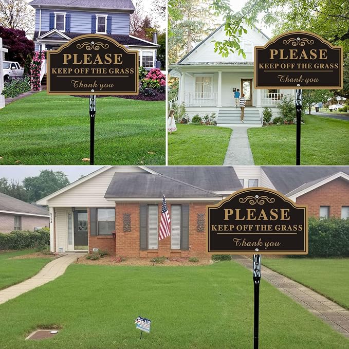 2-Pack Keep Off The Grass Signs, with 36"Tall Metal Stakes, 8x12 Inches Aluminum Yard Signs, Black and Gold ﻿