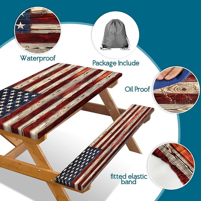 Picnic Table Cover with Bench Covers Elastic Edges, American Flag Wooden Camper Fitted Table Cover, Outdoor Camping Essentials, Waterproof Camping Fitted Tablecloth with Drawstring Bag, 60In 3PCS