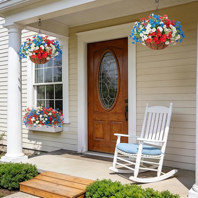 Ammyoo Artificial Fake Hanging Flowers with Basket for Outdoors, Faux Petunias Flowers Fake Hanging Plants with Eucalyptus Realistic UV Resistant for Outside Patio Garden Porch Balcony Yard Decor