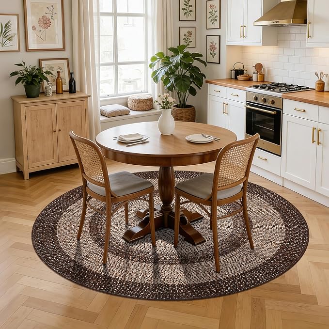 RUGSREAL Modern Bordered Round Area Rug 4ft Washable Bedroom Circle Rugs | Non Slip Stain Resistant Dining Room Round Throw Carpet Contemporary Circle Mats for Living Room Kitchen Nursery, Brown