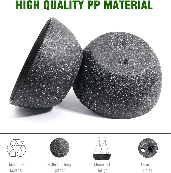 WOUSIWER 13 inch 2Pack Large Hanging Planters for Outdoor Indoor Plants with Drainage Holes and Chain, Round Hanging Flower Pots for Garden Home Porch Decor, Black Speckles