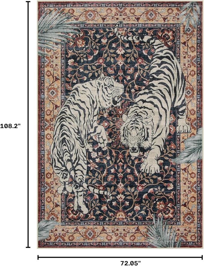 Moynesa Tiger Washable Area Rug, Boho 6x9 Rug for Living Room, Vintage Large Soft Bedroom Rug, Non Slip Ultra Thin Stain Resistant Floor Carpet for Dining Room Home Office, Puce Red