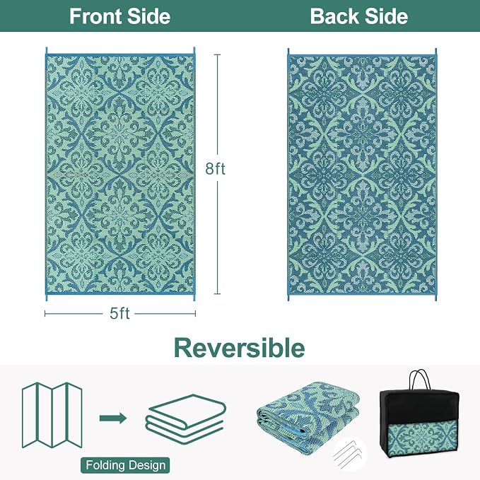 Lahome Waterproof Outdoor Rug 6x9 ft, Reversible Plastic Straw Patio Rug for Camping, RV Mat Outside, Indoor Outdoor Carpet for Porch Deck Backyard Camper Picnic, Light Blue and Green 6x9