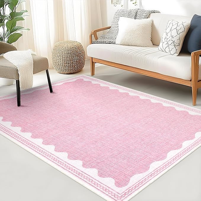 3x5 Scalloped Area Rugs Pink Washable Entryway Bedroom Rug | Solid Tan Rug for Bedroom Girls, Non Slip Throw Carpet With Rubber Back, Soft Dorm Nursery Scalloped Rugs for Dining Room