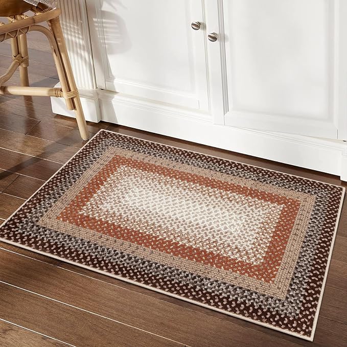 RUGSREAL Entryway Area Rug 2x3 Small Machine Washable Bedroom Rug Non Slip | Bathroom Mat Stain Resistant Kitchen Farmhouse Carpet Modern Rustic Area Rugs for Living Room Dining Room, Brown/Rust