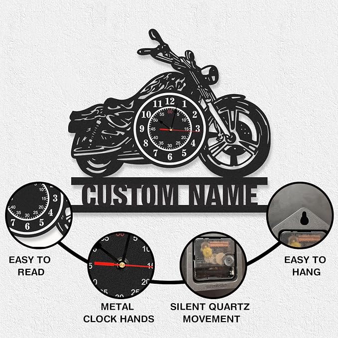 Personalized Large Outdoor Clock, Custom Motorcycle Wall Clock with Name, Modern Metal Wall Art, Battery Operated, Silent Non Ticking Clock for Garage Workshop Farmhouse Man Cave, Gifts for Men