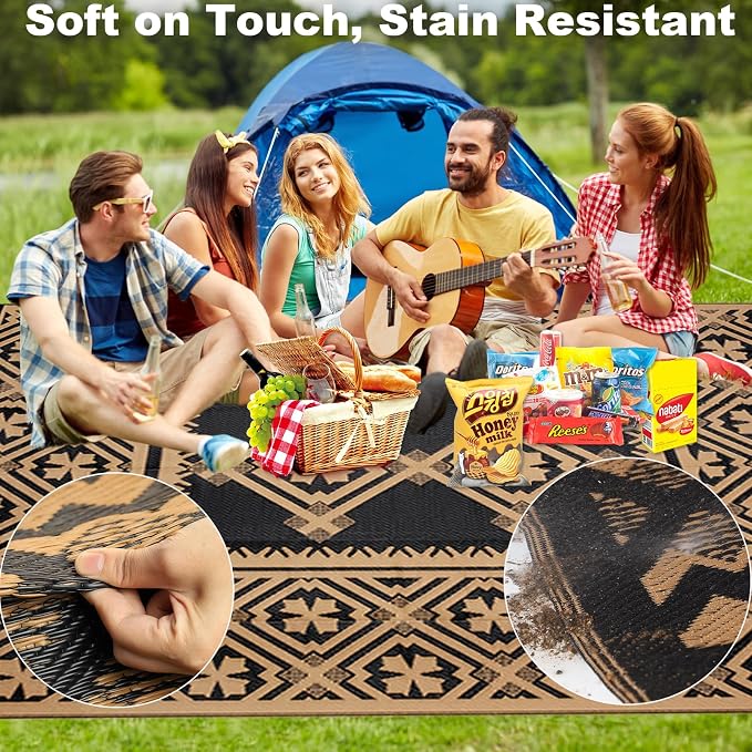 Alfolo Outdoor Rugs 9x12 for Patios Clearance Brown Outdoor Plastic Straw Rug Black and Brown Outdoor Rug Waterproof Reversible Outside Mat with Durable Edges Double Woven Patio,Porch,Rv Camping Rug