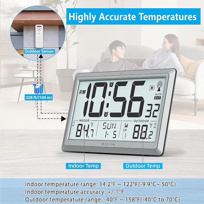Atomic Clock Wall with Indoor/Outdoor Temp, Battery Operated Digital Wall Clock with 10.5" Large LCD Display, 330ft Range Desk Table Clock with Alarm, DST, Calendar for Living Room, Silver-gray
