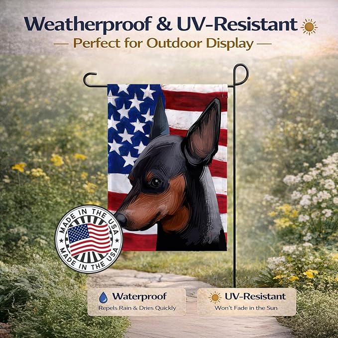 Caroline's Treasures CK6618GF Miniature Pinscher Dog American Flag Garden Flag Mailbox Flag Decorative Yard Flag Banner Outside Patio Artwork Yard Flower Beds, Garden Size, Multicolor