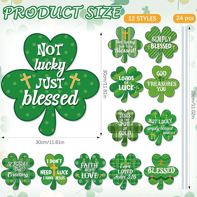 Menkxi 12 Pcs St. Patrick's Day Christian Yard Sign Decoration Outdoor with Stake Religious Saint Patty's Shamrock Green Jesus Cross Blessed Lawn Sign for Irish Faith Sunday School Church Garden Decor