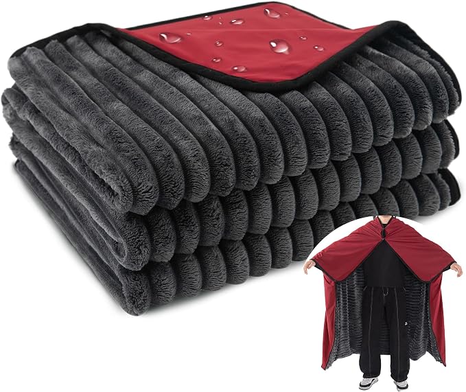 PuTian Waterproof Outdoor Blanket 79"X57" Packable, Stadium & Car Camping Blanket with Corduroy Fleece Lining, Windproof Throw for Picnic Hiking Road Trip, Machine Washable, Black 350GSM