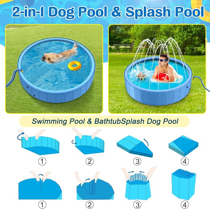 Foldable Dog Pool, 48in Large Sprinkler Pool with Cover, Heavy Duty Dogs Splash Pad with Sprinkler Bathtub for Large Medium Small Pets Summer Outside Water Playingg
