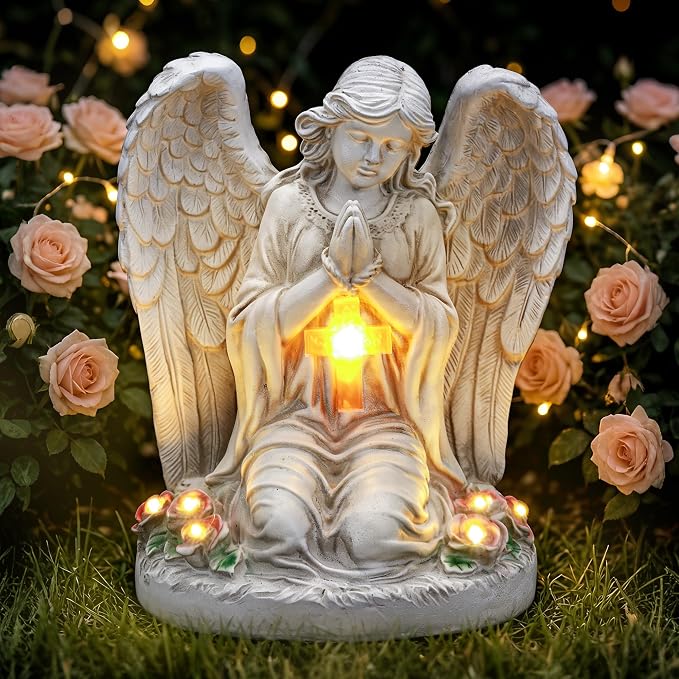 Solar Angel Garden Statues with Cross and 6 LED Lights, Solar Outdoor Decor for Patio, Balcony, Yard, Cemetery, Waterproof Praying Angel Figurines, Lawn Ornaments Gifts for Women, Mom, Grandma