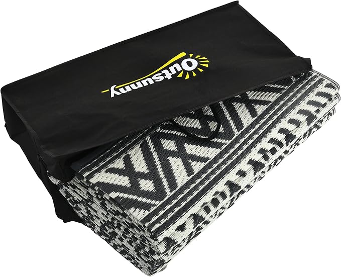 Outsunny Outdoor Rug for Patio, 8' x 10' Waterproof Large Mat, Reversible Plastic Straw Rug for Decor, Portable Outside RV Camping Area Carpet Mat for Backyard Porch Deck Picnic, Gray & Cream Boho