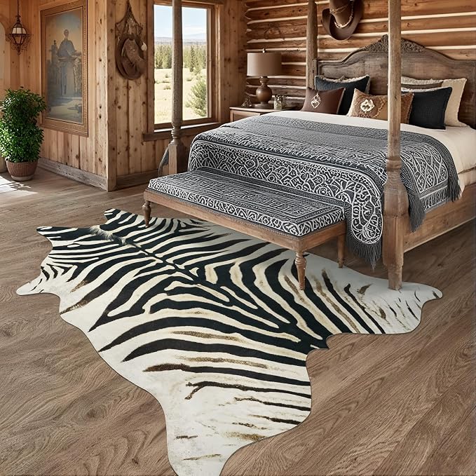 AROGAN Western Faux Zebra Rug, Sturdy Zebra Hide Rugs, Non-Slip 6.2x7 Ft | Premium Animal Skin Print Rug for Wall Decor, Western Floor Carpet for Bedroom Living Room, Black and White
