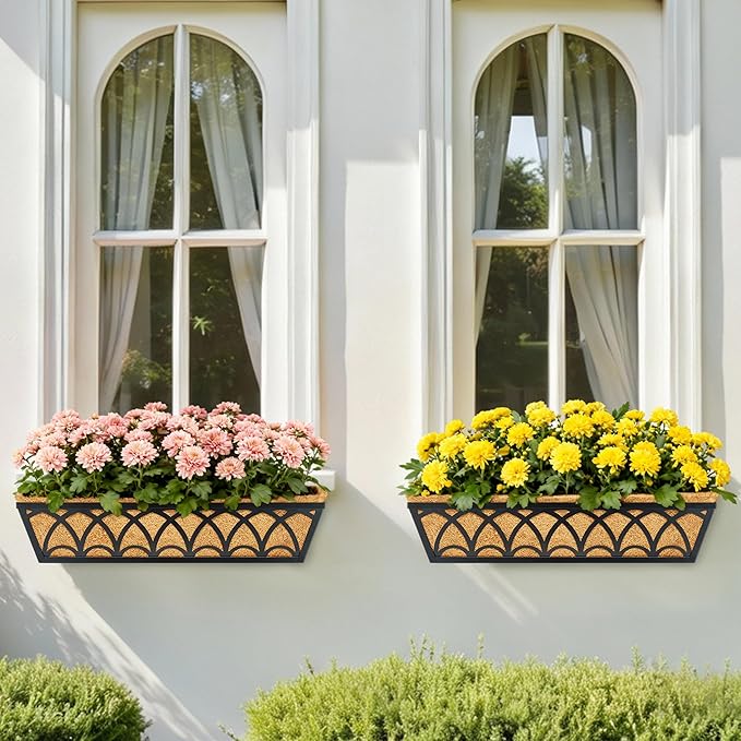 30 Inch Railing Planter Box Window Boxes Planters - 2 Pack Deck Railing Planter Boxes with Adjustable Brackets Coco Liners Balcony Planters Railing Hanging for Window Flower Boxes Outdoor Garden Decor