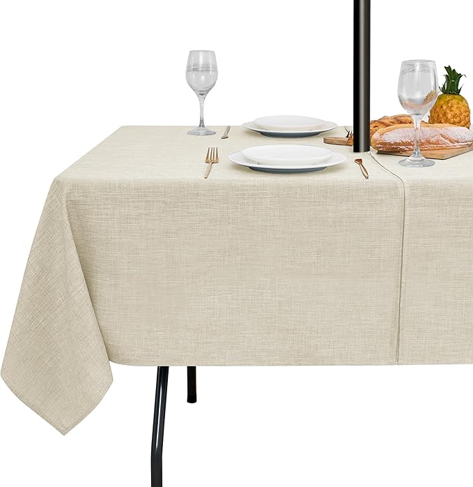 LUSHVIDA Outdoor Tablecloth with Umbrella Hole - Patio Table Cloth Zippered Rectangle 60x120 Inch, Beige Linen-Look Polyester Table Cover Water Resistant for Picnic Outside