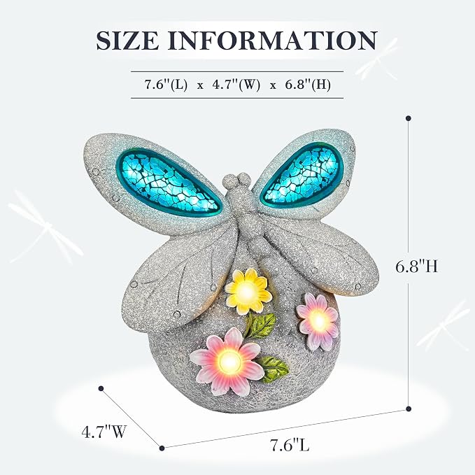 Dragonfly Garden Decor with Solar Cracked Glass Wings & Flower Lights | Solar Outdoor Statue for Patio, Lawn, Yard Ornament Eco-Friendly Housewarming, Birthday Gift for Women
