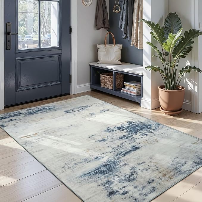 Toneed 4x6 Washable Non Slip Abstract Area Rugs for Bedroom Living Room | Soft Modern Low Pile Rug for Kitchen Hallway Office,Indoor Carpet for Kids Nursery Home Decor, Blue/White