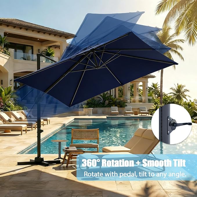GarveeLife Large Cantilever Patio Umbrella, 10 ft X 10 ft Heavy Duty Aluminum Cantilever Offset Outdoor Umbrella with 360-Degree Rotation for Backyard, Deck, Pool (Navy Blue)