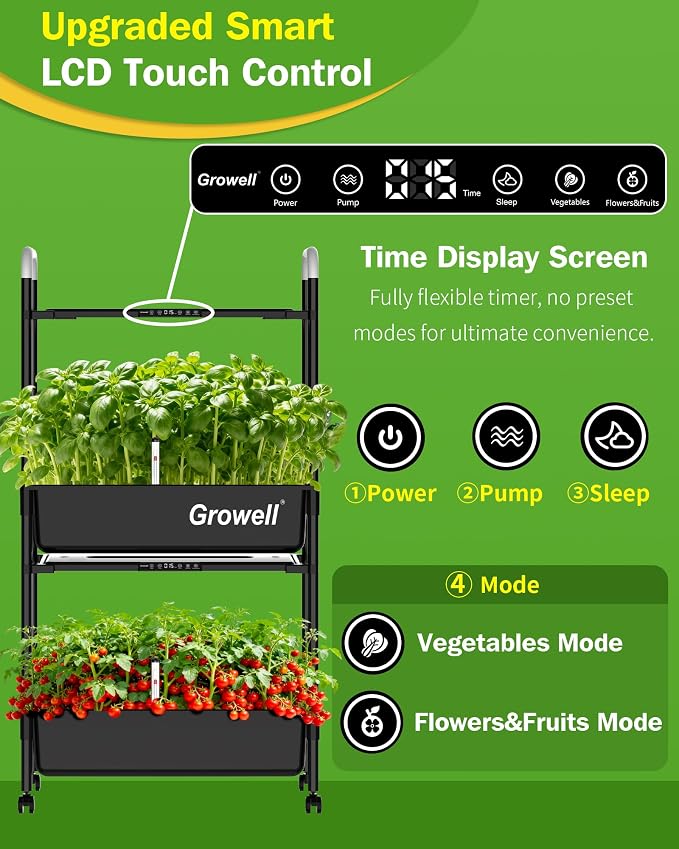 Growell 54 Pods Hydroponics Growing System Kit with Independent Water Pump | Vertical Indoor Herb Garden with 2 Light Modes & 2 Timer, Smart Water Circulation, 28L Water Tank, Movable & Space-Saving
