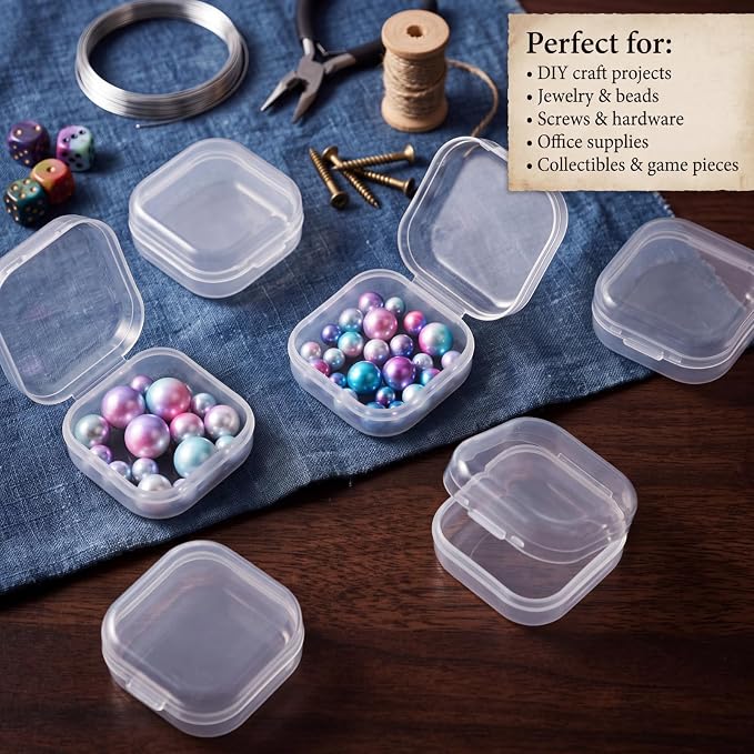 SATINIOR 200 Pcs Clear Plastic Beads Storage Containers Box Small Clear Boxes with Hinged Lid Plastic Arts Case Mini Square Crafts Storage Organizers for Small Items (1.37 × 1.37 × 0.7inch)