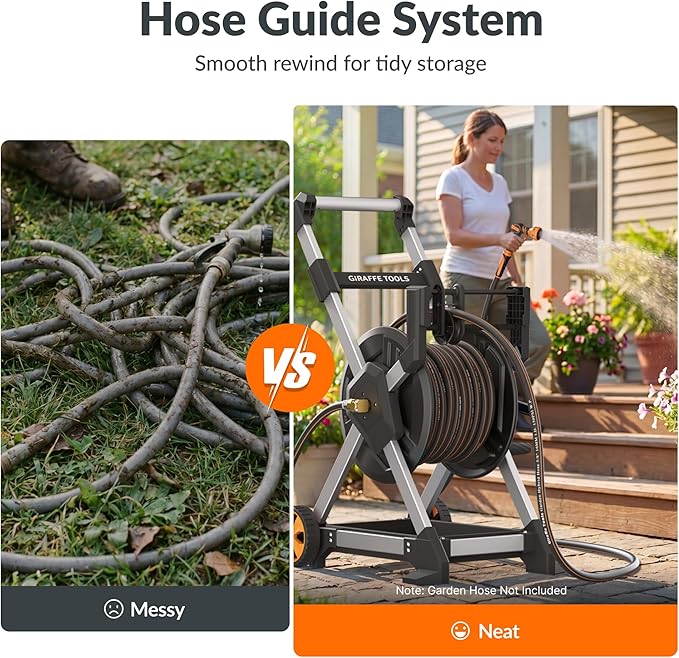 Giraffe Tools Garden Hose Reel Cart, 125FT 5/8" Hose Capacity, Heavy Duty Water Hose Reel with Wheels, 5ft Leader Hose, Retractable Hose Guide with Crank, for Yard Lawn Garage