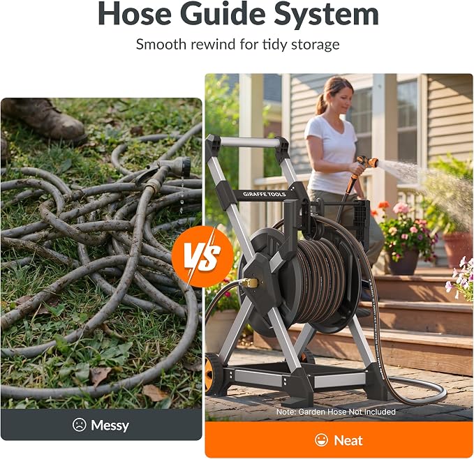 Giraffe Tools Garden Hose Reel Cart, 125FT 5/8" Hose Capacity with Wheels, Heavy Duty Water Hose Reel for Outside, 5ft Leader Hose, Hose Guide Pre-Installed, for Yard Lawn Garage