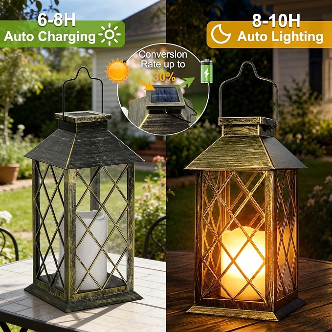 Solar Lanterns Outdoor Waterproof, 1 Pack 14'' Tempered Glass Outdoor Lanterns with Flameless Candles, Solar Hanging Lantern Decorative for Patio Porch Garden Table Deck Outside - Bronze