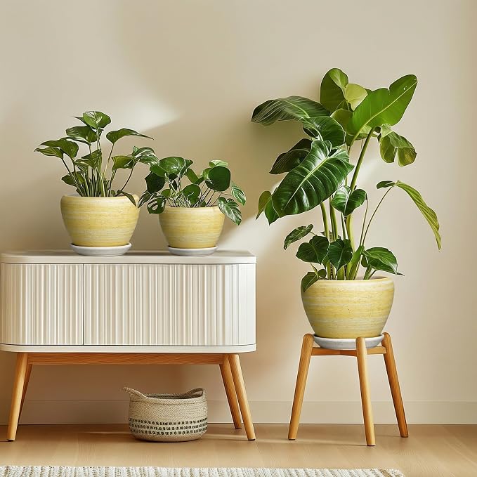 Ceramic Planter - 6 Inch Plant Pots for Indoor Outdoor Plants, Modern Indoor Flower Pots with Drainage Hole and Saucer, Round Planter, Bathroom Decor, House Warming Gifts, Textured Yellow