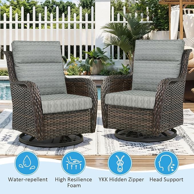 Outdoor Patio Chair Cushions 44x21x3.5 inch, Set of 2 Thicken Comfy Cushions for Rocker Non Slip Fade Shield Water Repellent High Back with Ties, Grey Linen Stripe